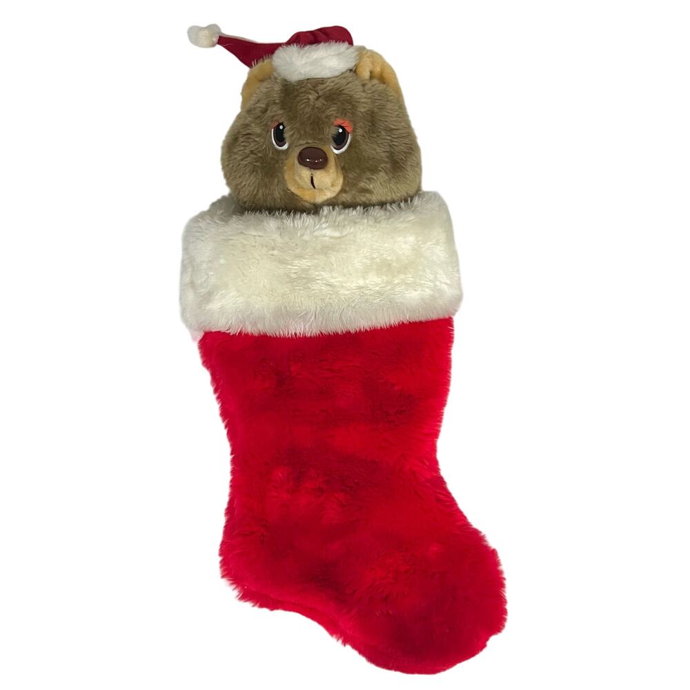 Vintage Christmas Stocking Plush Teddy Bear 3D Tan Brown Red Fuzzy Holiday Decor
